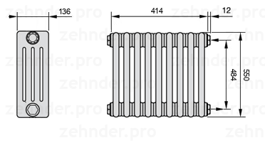 Схема (чертеж) Радиатор Zehnder Charleston 4055/9 №7610 Белый глянцевый RAL 9016